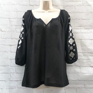 Old Navy Southwestern Embroidered Puff Sleeve Peasant Top Black Top S Bohemian